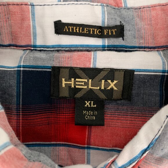 Helix Button-Up Short Sleeve Shirt Men's XL Navy Red White Plaid - Picture 3 of 6